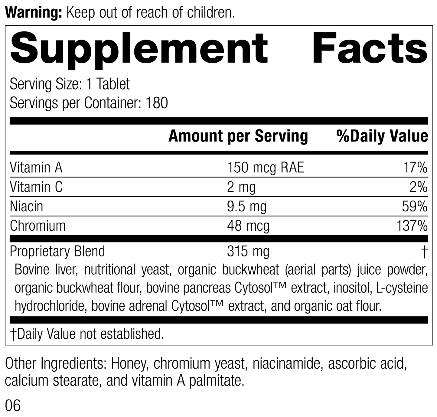 Chromium Complex, 180 Tablets, Rev 03 Supplement Facts